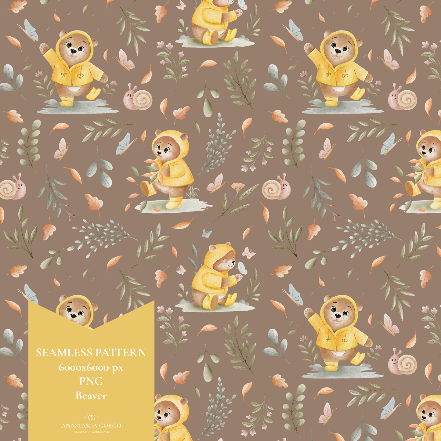 Exclusive Seamless Pattern with Bear in Yellow Coat