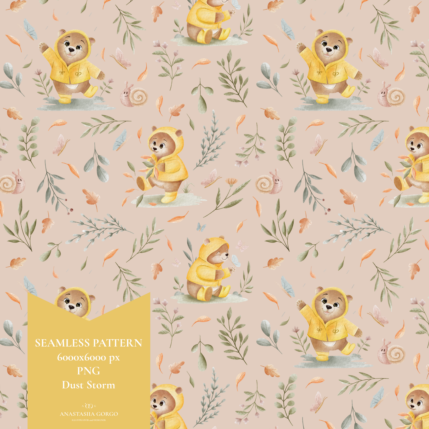 Exclusive Seamless Pattern with Bear in Yellow Coat