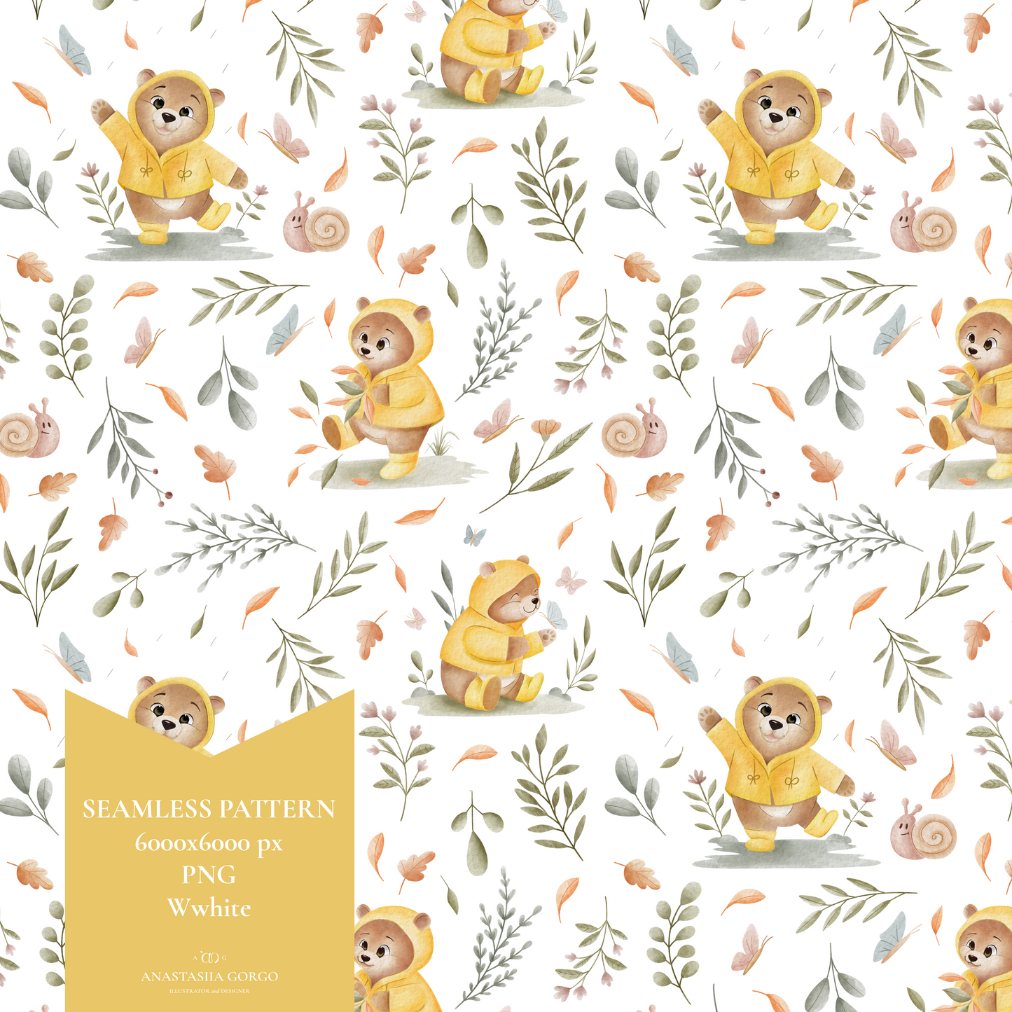 Exclusive Seamless Pattern with Bear in Yellow Coat