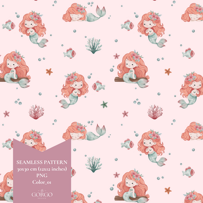 Exclusive Seamless Pattern with Cute Little Mermaid (Light Skintone)