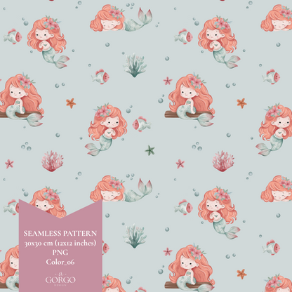 Exclusive Seamless Pattern with Cute Little Mermaid (Light Skintone)