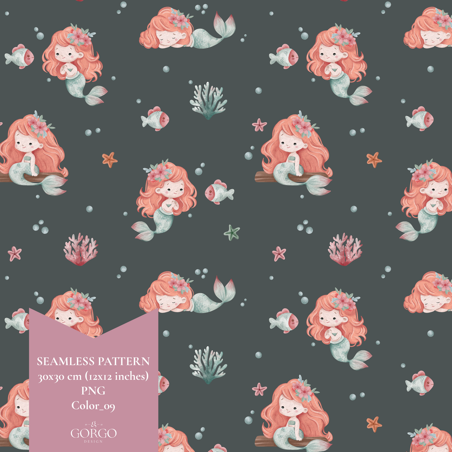 Exclusive Seamless Pattern with Cute Little Mermaid (Light Skintone)