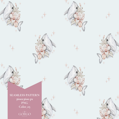 Exclusive Seamless Pattern with Whale with Flowers